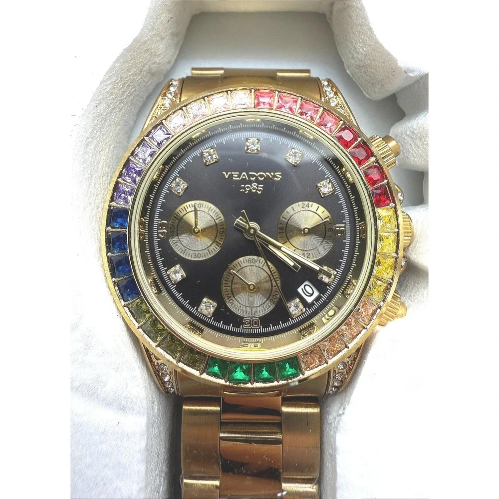 Veadons 1985 Gold Rainbow Crystal Bezel Chronograph Watch Black Dial New